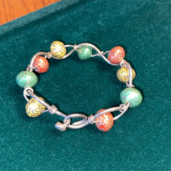 Orange Yellow And Green Beaded Bangle Bracelet - Picture 5 of 16